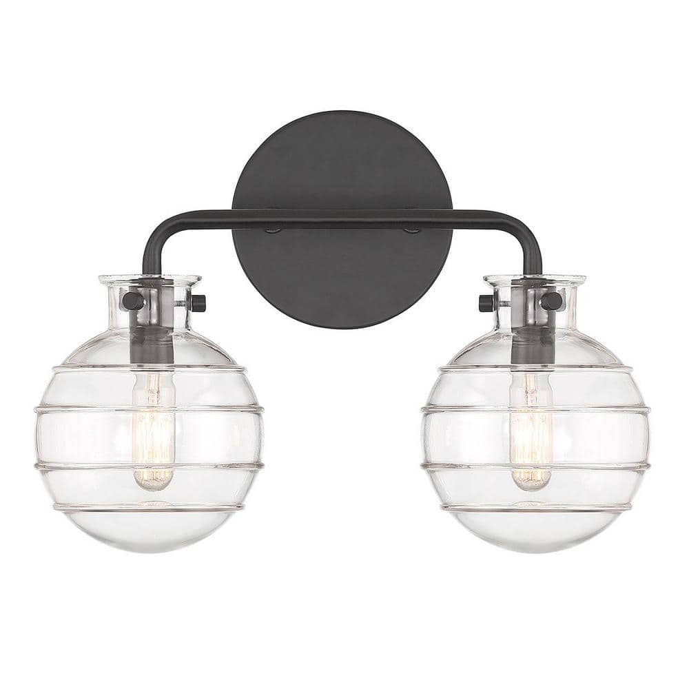 Matte Black 2-Light Vanity with Clear Swirl Glass Shades