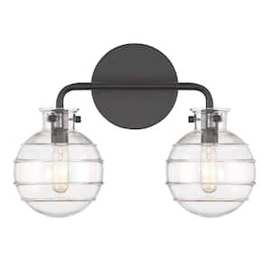 Mason 13.5 in. 2-Light Matte Black Vanity Light with Clear Swirl Glass Shades