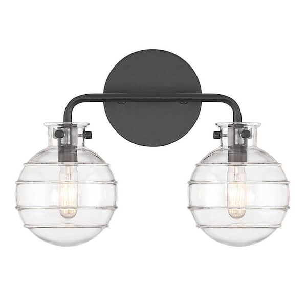 Savoy House Mason 13.5 in. 2-Light Matte Black Vanity Light with Clear Swirl Glass Shades