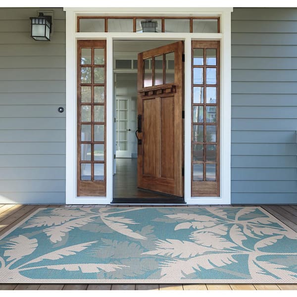 Monaco Coastal Flora Ivory-Turquoise 8 ft. x 11 ft. Indoor/Outdoor Area Rug