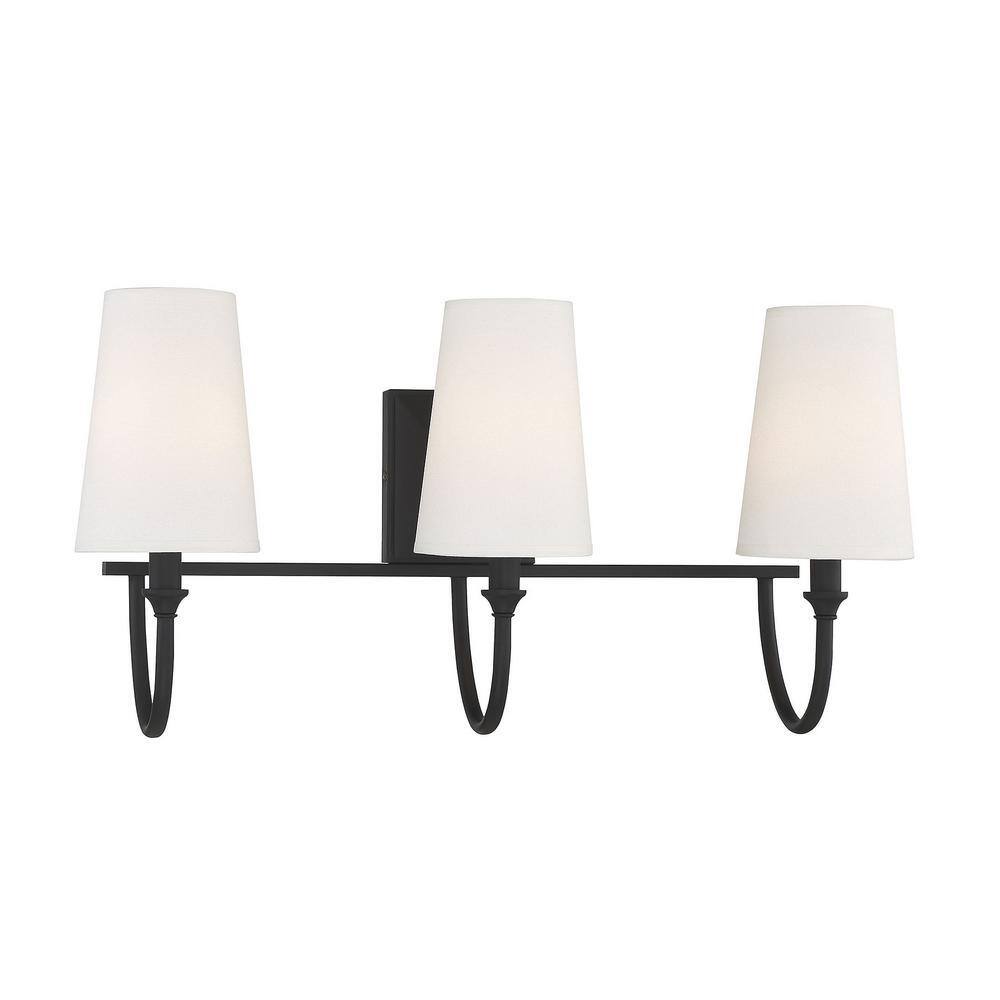 Matte Black 3-Light Bathroom Vanity with White Fabric Shades