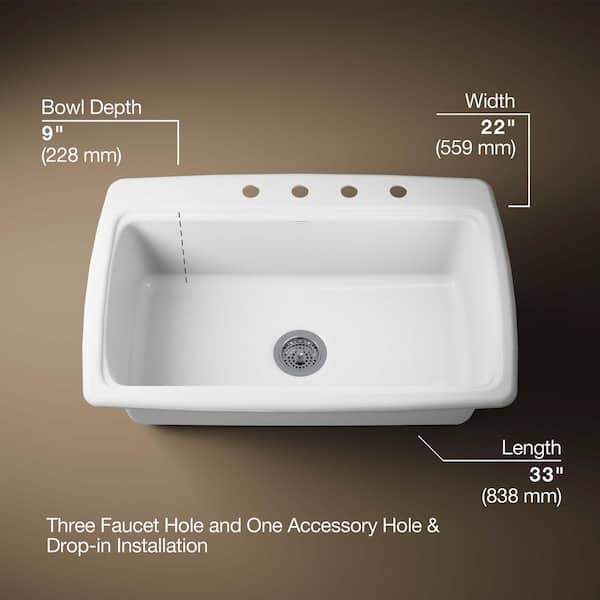 KOHLER Cape Dory 33 in. Drop-in Single Bowl Cast Iron Kitchen Sink