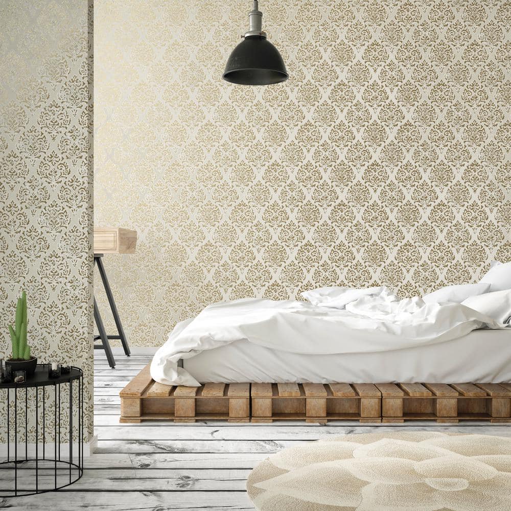 Beige 3D Embossed Non-Pasted Damask Wallpaper Roll