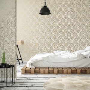 Lustre Collection Beige/Gold Embossed Modern Damask Metallic Finish Paper on Non-woven Non-pasted Wallpaper Sample