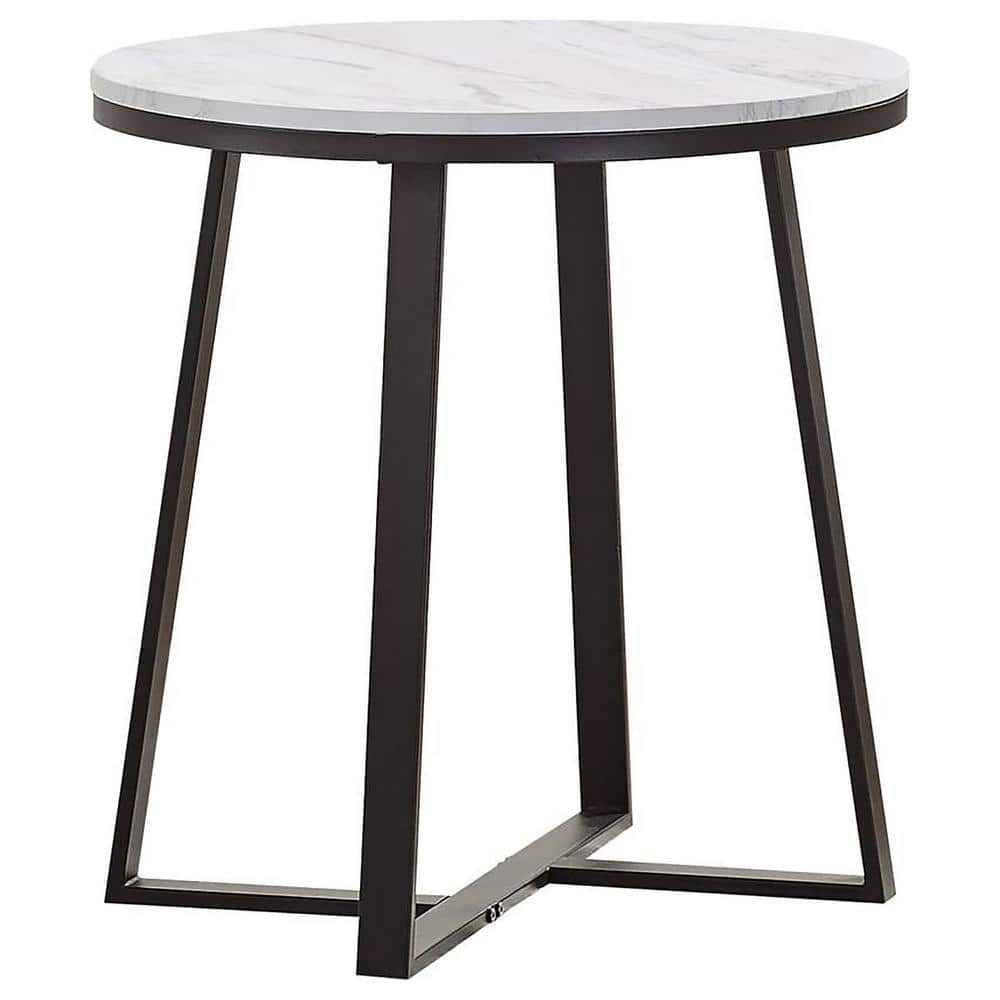 Hugo Round White Faux Marble and Black Metal End Table