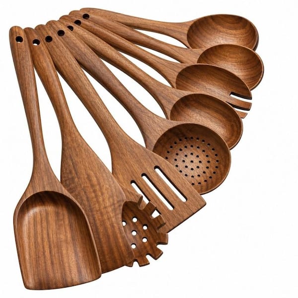 10-Piece Natural Teak Wooden Kitchen Utensils Set with Spoons, Spatulas for Cooking, Durable Wooden Cooking Utensils