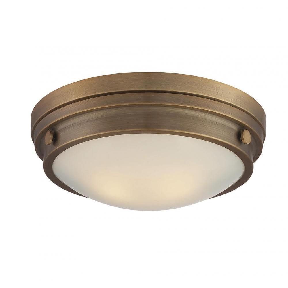 Warm Brass and White Glass 2-Light Flush Ceiling Light