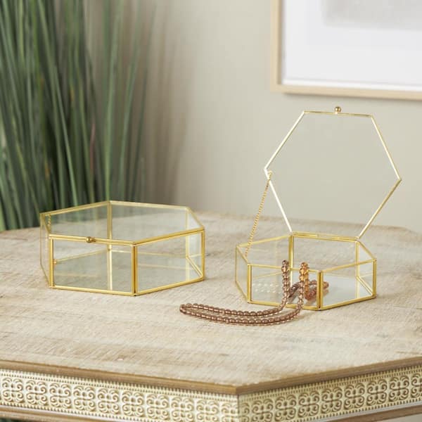 Litton Lane Clear Glass Geometric Hexagon Jewelry Box with Gold Metal Frame and Chain Accent (Set of 2)