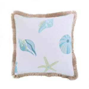 Del Ray Teal Green Quilted Shells Fringe Border 20 in. x 20 in. Throw Pillow