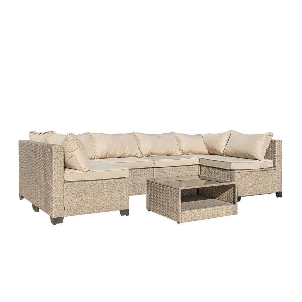 7-Piece Wicker Outdoor Patio Conversation Set with Khaki Cushions and Tempered Glass Coffee Table price history on PriceWatchPro