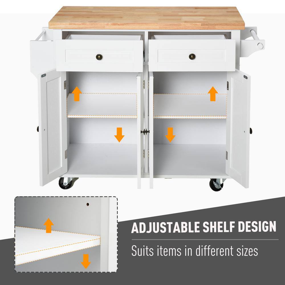 White Wood Kitchen Cart with Butcher Block Top and Storage