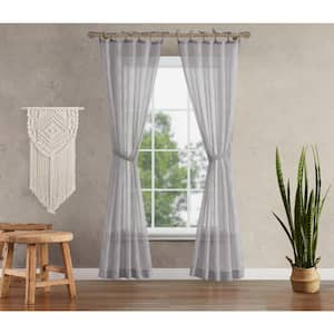 Nora Embroidered 52 in. W x 84 in. L Polyester Faux Linen Sheer Grommet Tiebacks Curtain in Gray (2 Panels)
