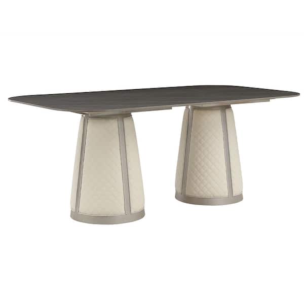 Acme Furniture Kasa Sintered Stone Top and Champagne Finish Wood 42 in. Double Pedestal Dining Table Seats 8