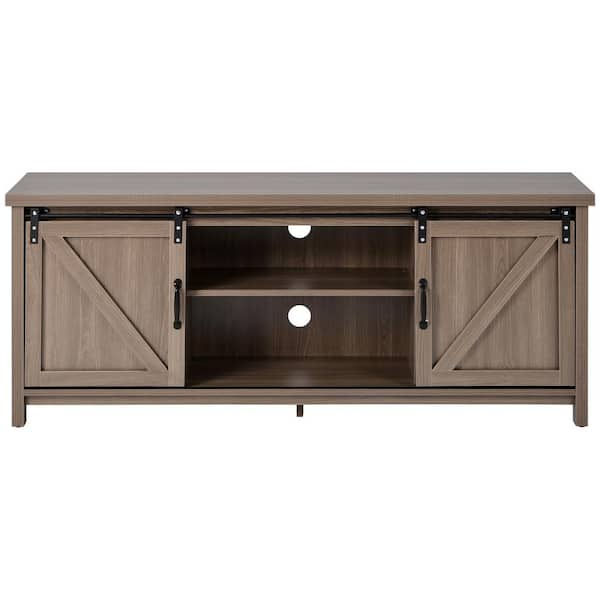 Qualfurn Farmhouse 57.8 in. Antique Gray TV Stand Fits TV's up to 65 in. with 2 Sliding Doors