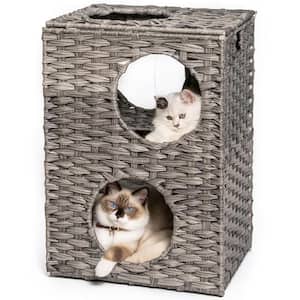 Cat Bed with Rattan Ball and Cushion, Grey