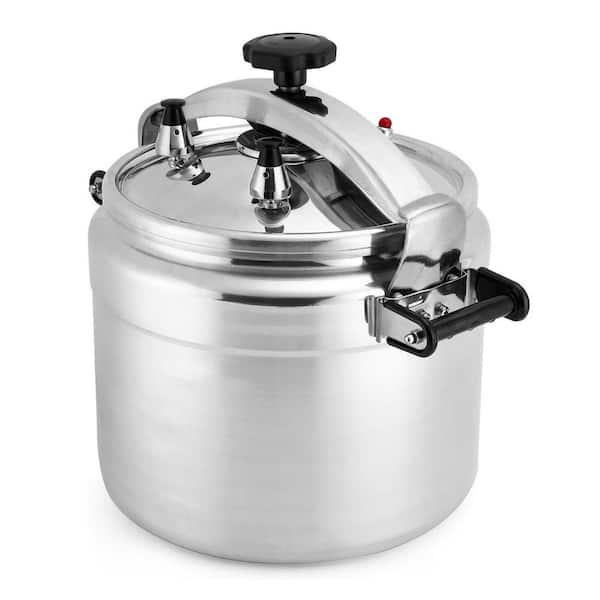 26 qt. Silver Aluminum Pressure Cooker with Clamp Bar Locking, Quadruple Safety, 2 Valves, Gas Electric Safe