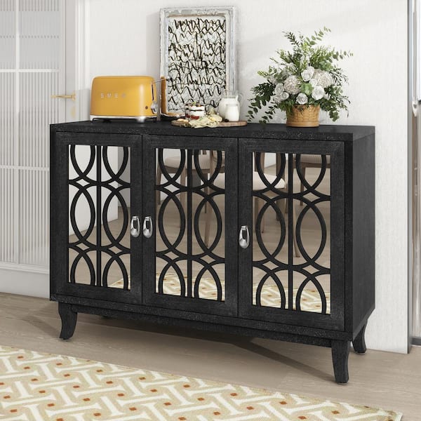 CSC DECOR INC Black Wood 47.2 in. Sideboard Modern Buffet Cabinet Storage Console with 3-Glass Doors and Adjustable Shelves