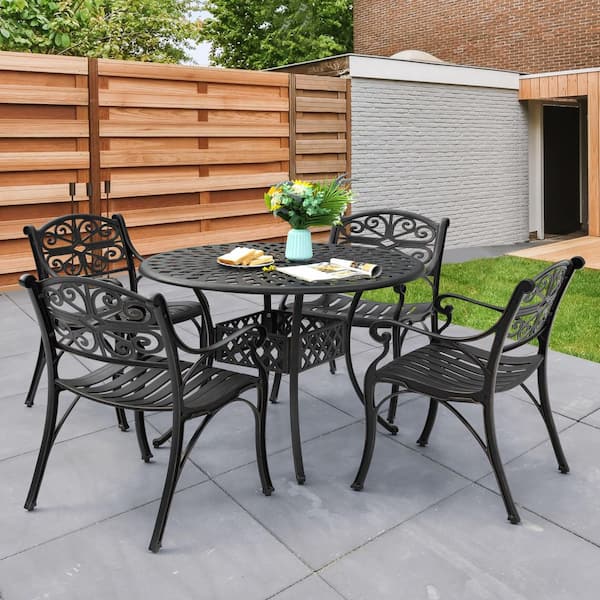 Black with Gold-Painted Edges 5-Piece Cast Aluminum Round Outdoor Dining Set with 2.24 in. Umbrella Hole