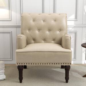 Mid-Century Modern Solid Wood Legs Beige PU Leather Button Upholstered Accent Armchair With Nailhead Trim