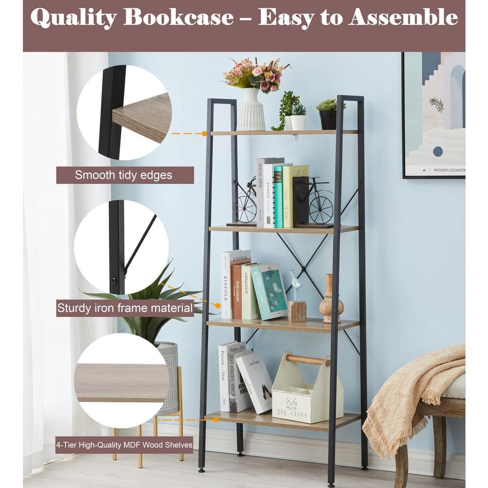 Black Metal and Wood 4-Shelf Ladder Bookcase