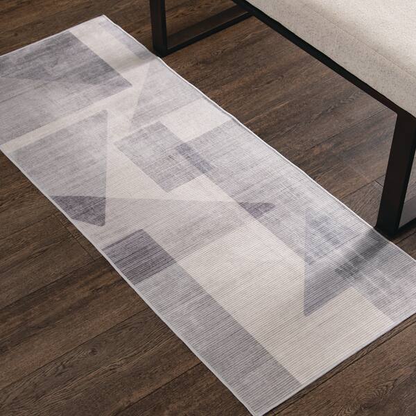 2 ft. x 5 ft. Gray/Off White Abstract Block Washable Runner