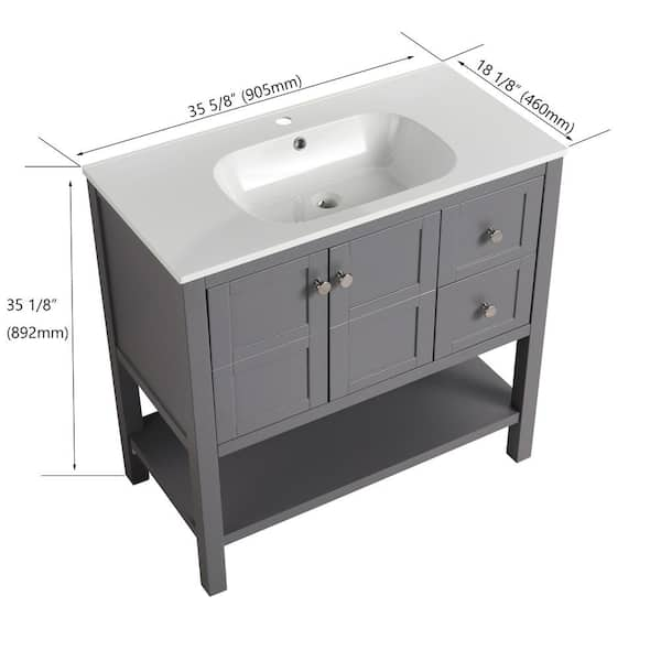 35.5 in. W x 17.7 in. D x 35 in . H Bathroom Vanity in White Solid Frame Bathroom Cabinet with Ceramic Basin Top