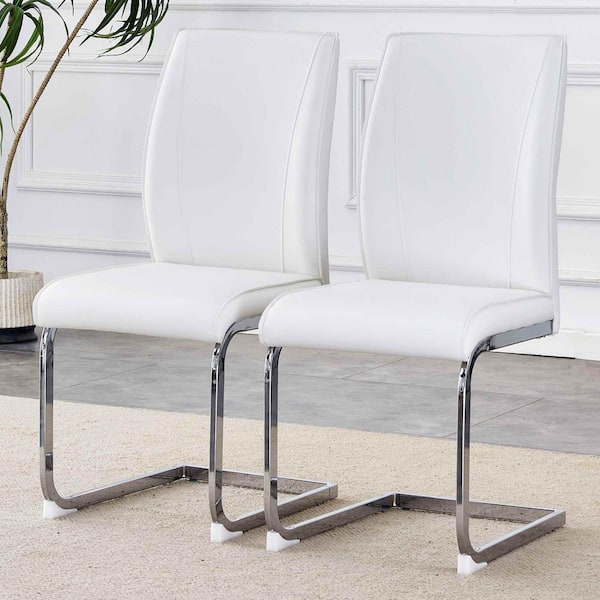 White/Silver PU Leather Metal Frame Dining Chairs Set of 2