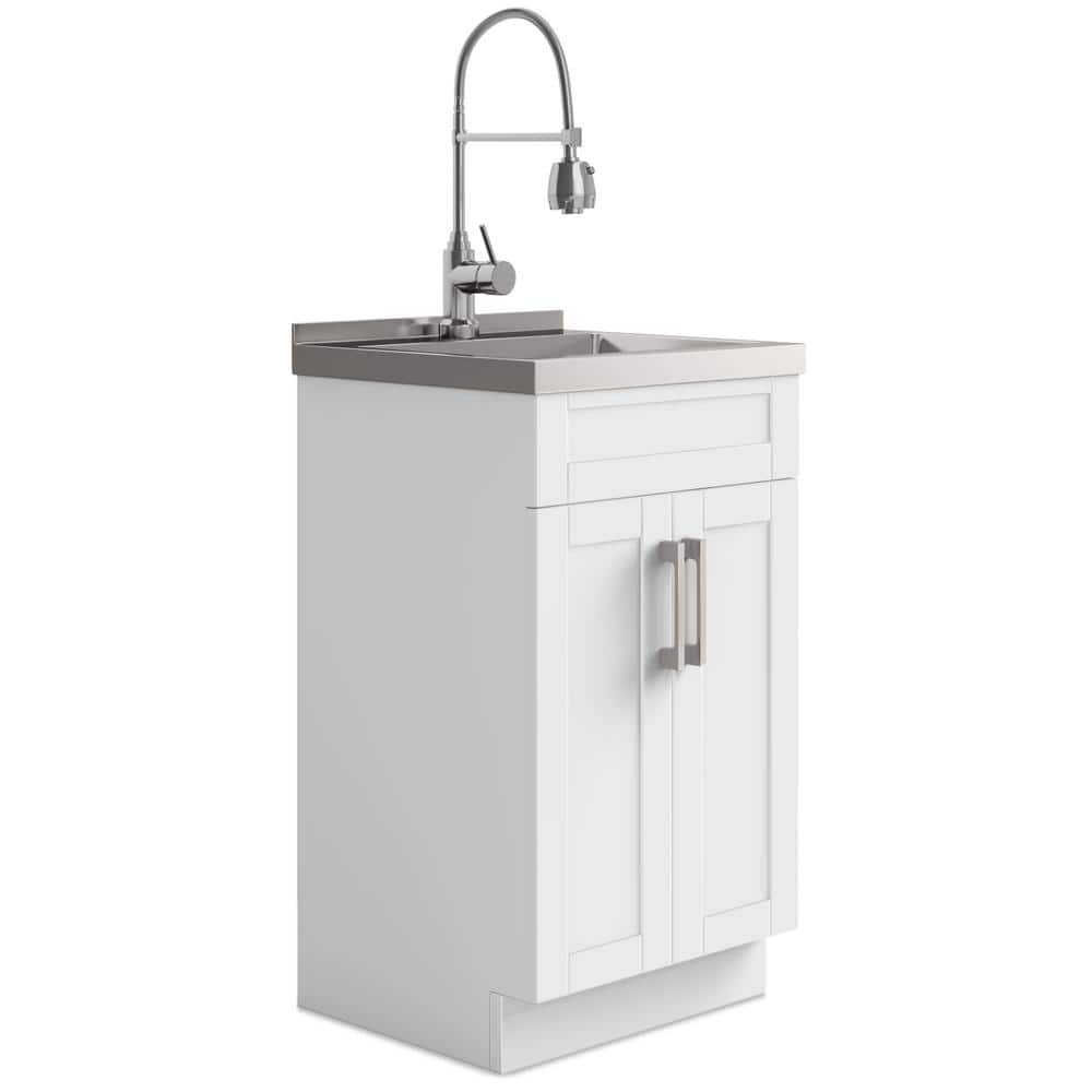 Simpli Home Hennessy Transitional 20 in. Deluxe Laundry Cabinet with Faucet and Stainless Steel Sink in White