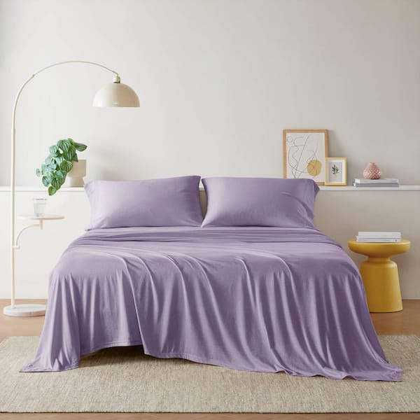 Cotton Blend Jersey Knit 4-Piece Purple Cotton Blend Full All Season Sheet Set