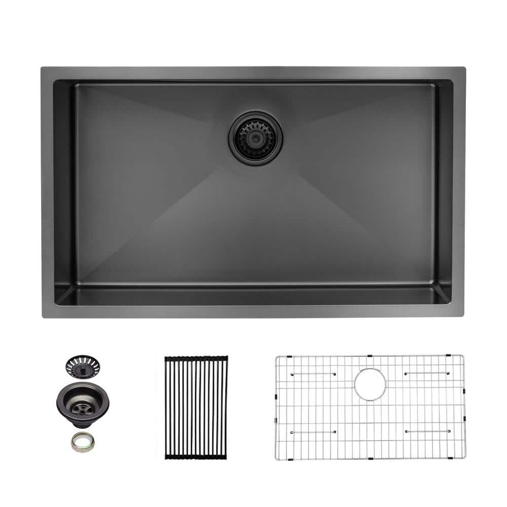 Gunmetal Black 16-Gauge Stainless Steel 30 in. Single Bowl Undermount Kitchen Sink with Bottom Grid and Drain Assembly -  Sarlai, AL-UB3018R1