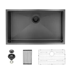 Gunmetal Black 16-Gauge Stainless Steel 30 in. Single Bowl Undermount Kitchen Sink with Bottom Grid and Drain Assembly