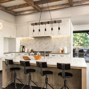 Modern Farmhouse 5-Light 35.5 in. Black Linear Chandelier with Faux Wood Accents Kitchen Island Pendant Light