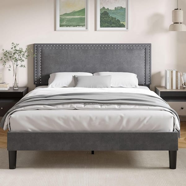 VECELO Upholstered Bed with Adjustable Headboard, No Box