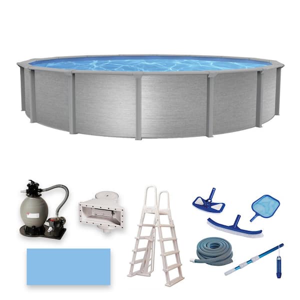 Blue Wave Montauk 18 ft. Round 52 in. Deep 7 in. Top Rail Hybrid Swimming Pool Package