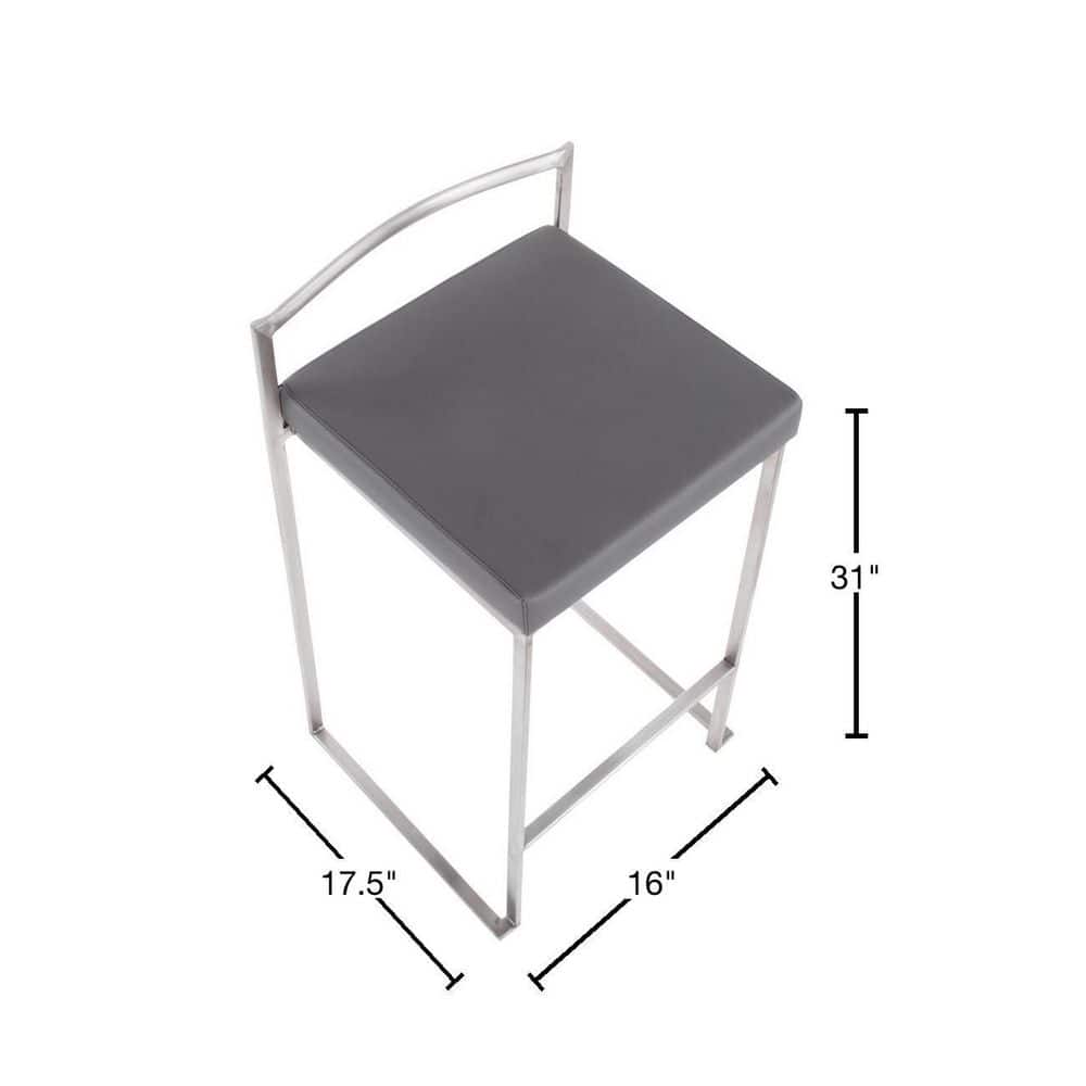 Modern Stainless Steel Counter Stools with Grey Faux Leather Cushion - Set of 2