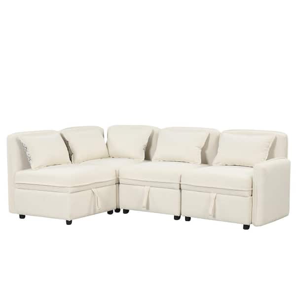 Polibi 122.80 in. 4 Seater Chenille Sectional Sofa in. Cream with 5 Pillows