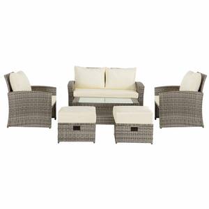 Gray 6-Piece Wicker Outdoor Patio Conversation Sectional Sofa Seating Set with Beige Cushions and Ottomans
