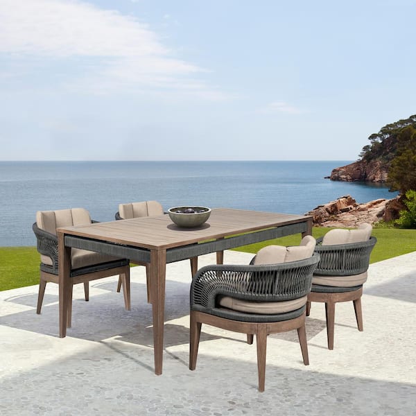 Armen Living Orbit Light Brown 5-Piece Eucalyptus Wood Outdoor Dining Set with Taupe Cushions