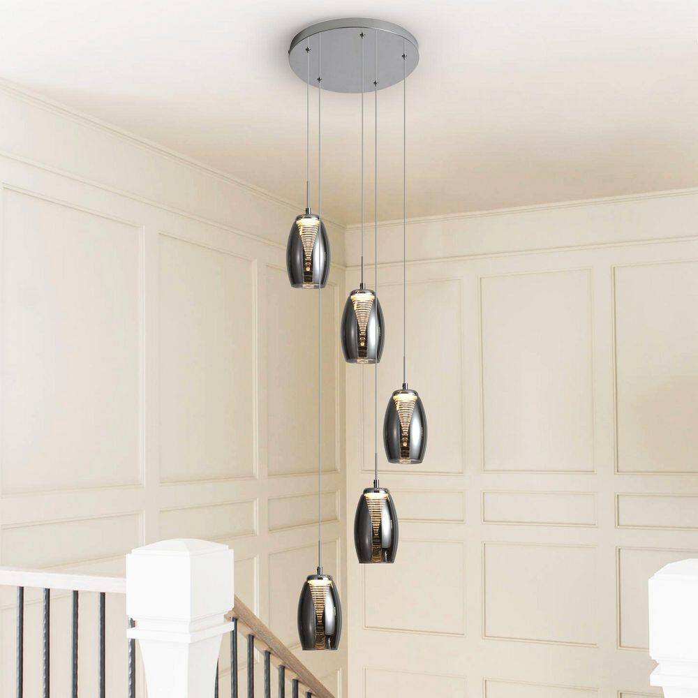 5 Light Chrome Modern Cluster Long Integrated LED Pendant Light with Gray Glass Shade for Kitchen Staircase Living Room price history on PriceWatchPro