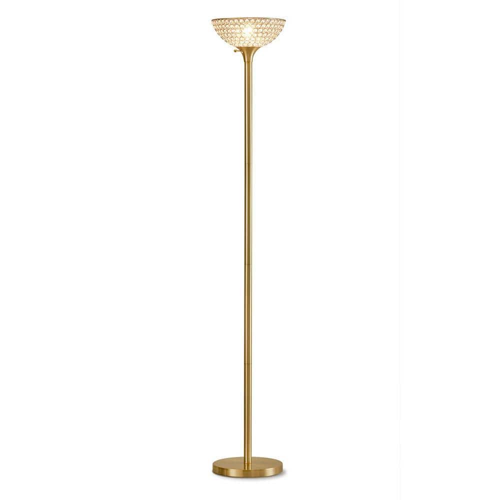 HomeGlam Lucie 71 in. Antique Brass Crystal Shade Torchiere Floor