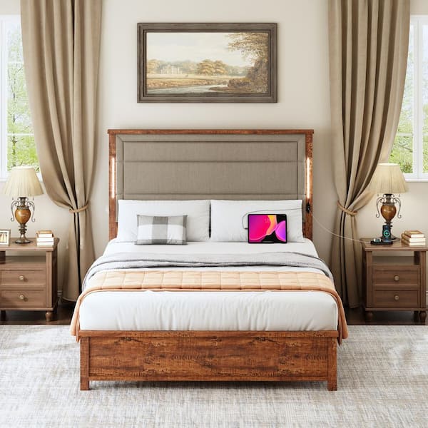 Brown Wood Frame Queen Platform Bed with Upholstered Headboard, Charging Station and LED Lights