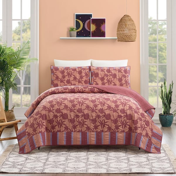Unbranded Natalia 3-Piece Red Botanical Cotton Full/Queen Quilt Set