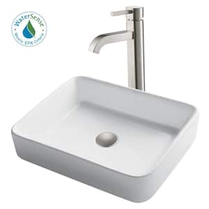 Rectangular Ceramic Vessel Sink in White with Ramus Faucet in Satin Nickel