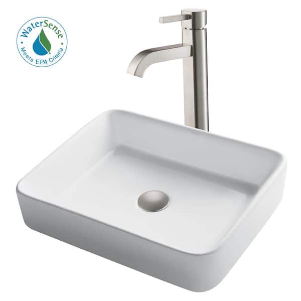 KRAUS Rectangular Ceramic Vessel Sink in White with Ramus Faucet in Satin Nickel
