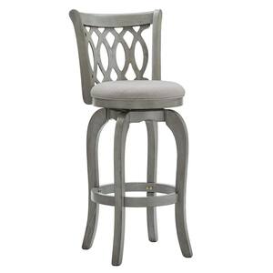 30 in. Antique Grey Finish Grey Linen Scroll Back Wood Frame Swivel Bar Stool