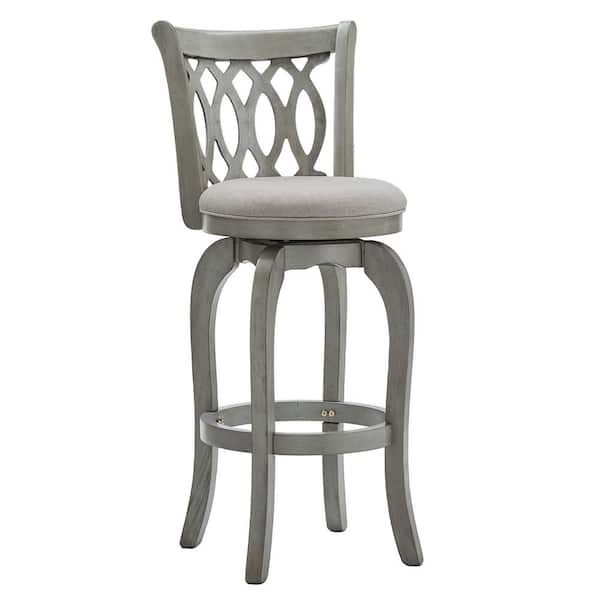 HomeSullivan 30 in. Antique Grey Finish Grey Linen Scroll Back Wood Frame Swivel Bar Stool