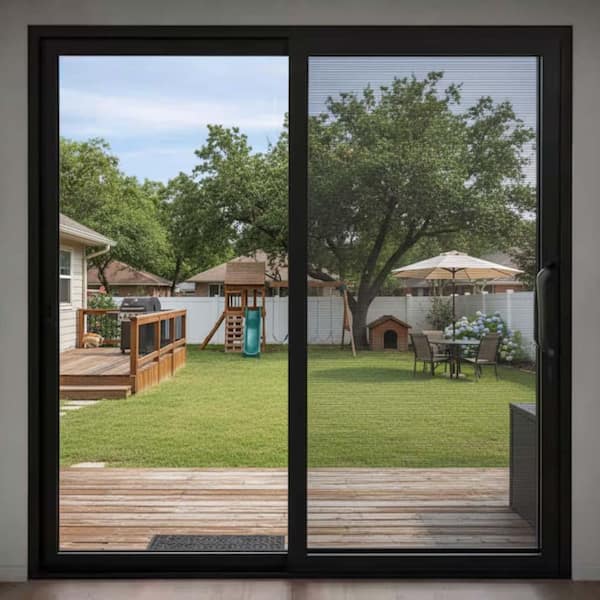 96 in. x 80 in. Matte Black Right Handle Aluminum Sliding Patio Door with Low-E glass, Screen, and Lockset