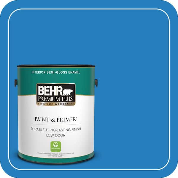 BEHR PREMIUM PLUS 1 gal. #P510-6 Brilliant Blue Semi-Gloss Enamel Low Odor Interior Paint & Primer