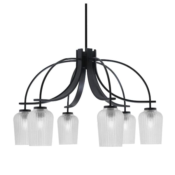 Unbranded Olympia 19 in. 6-Light Matte Black Downlight Chandelier Clear Textured Glass Shade