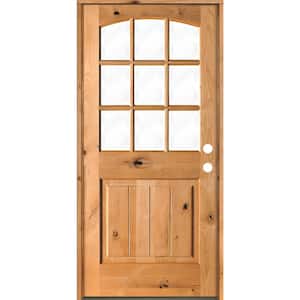 32 in. x 80 in. Knotty Alder Left-Hand/Inswing 9-Lite Arch Top V-Panel Clear Glass Clear Stain Wood Prehung Front Door